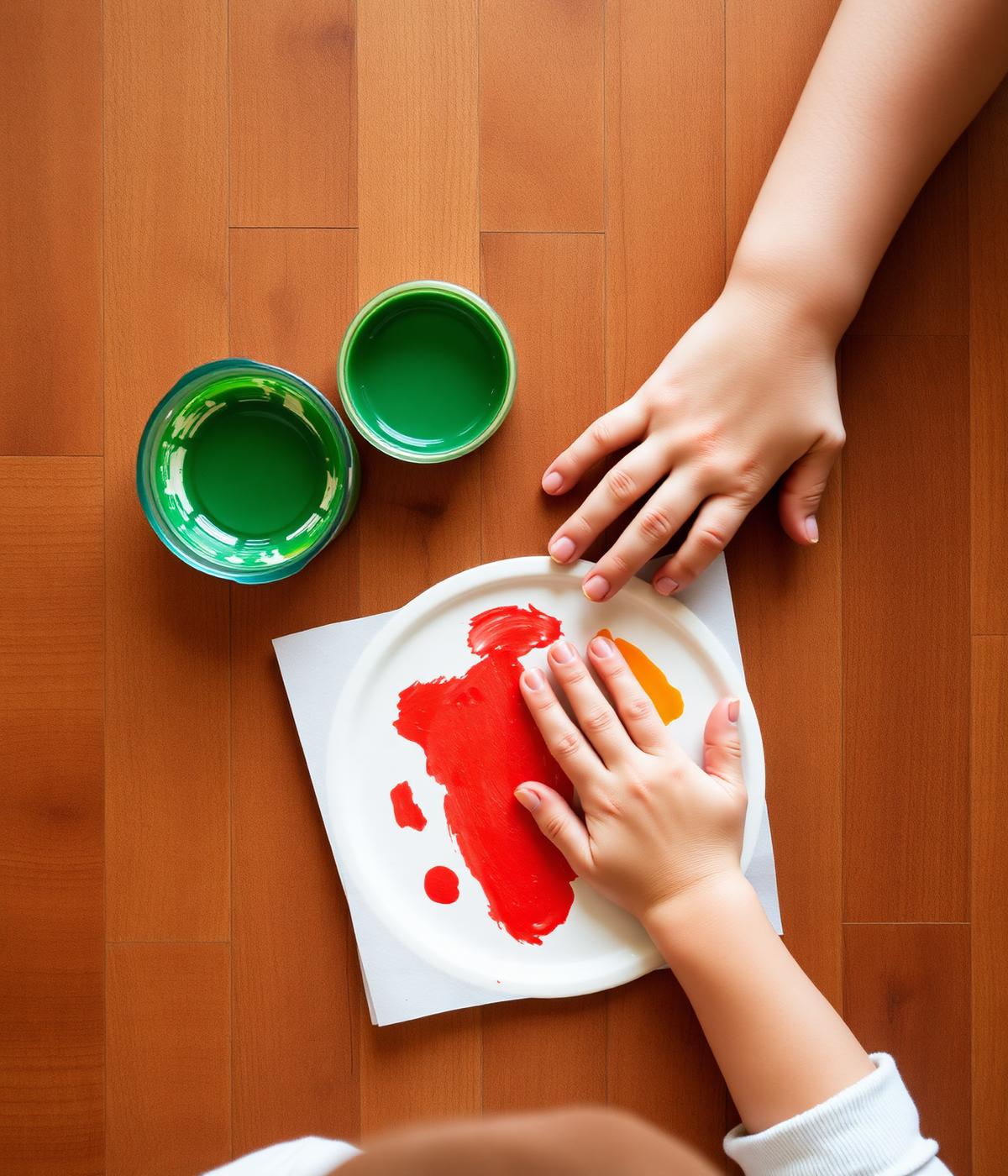 A parent and toddler painting together at a wooden table in morning light